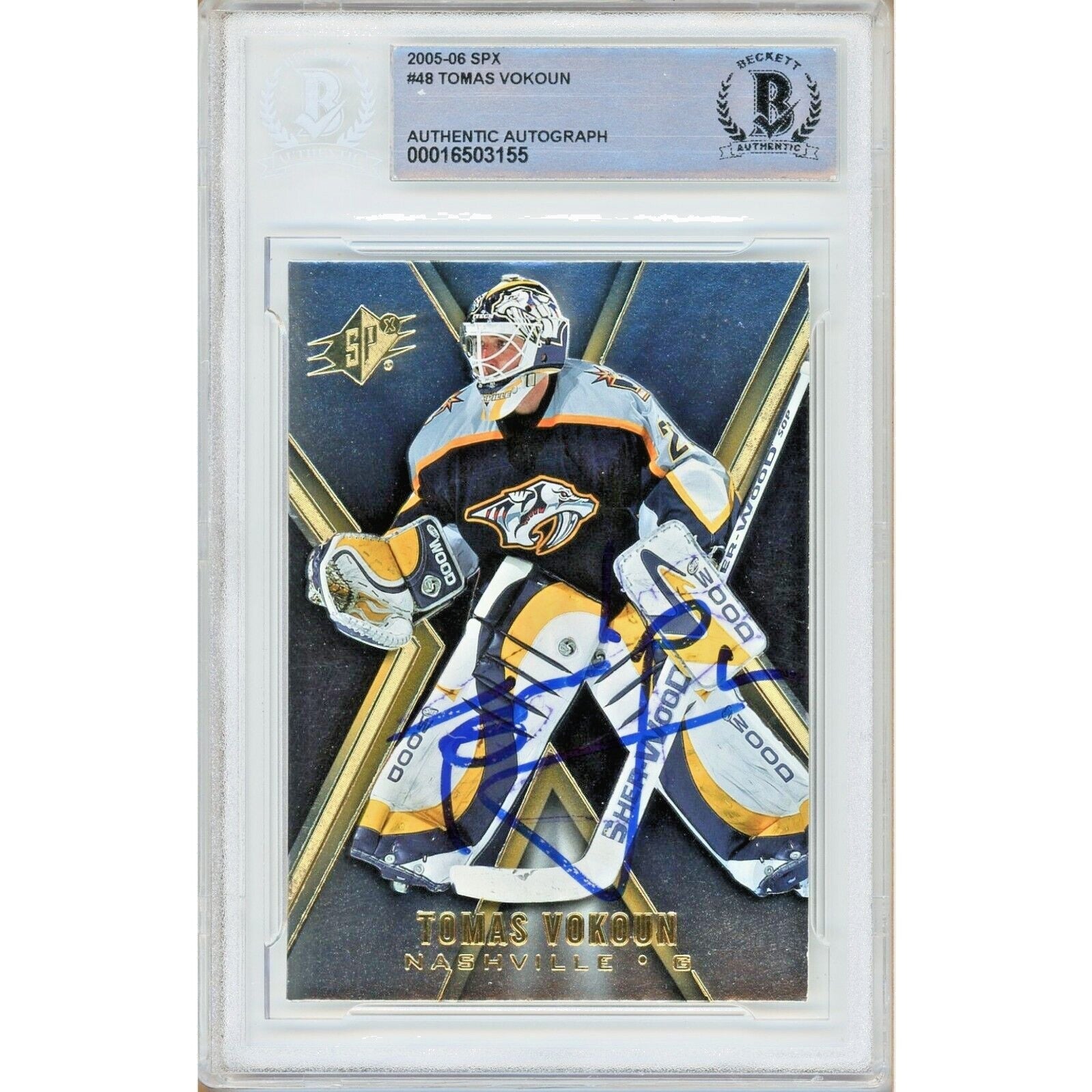 Tomas Vokoun Nashville Predators Signed 2005-06 SPx Hockey Card Beckett Auth Auto Slab
