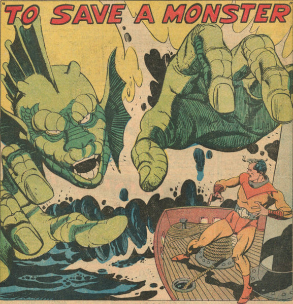 The opening panel of the 1966 comic book "Undersea Agent #4", featuring a giant sea monster rearing down on a ship with a man on it