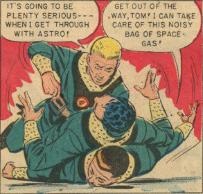 Roger bowling over Astro, trying to pick a fight, while falling into Tom by accident