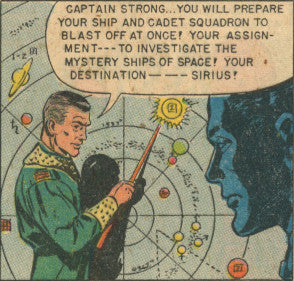 The Commander pointing to the planet Sirius on a large wall printout and instructing Tom and friends to investigate