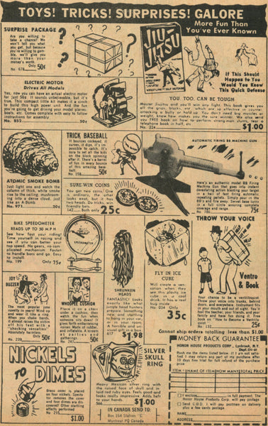 An old, full-page ad from a comic featuring ads for things like joy buzzers, whoopee cushions, and two-headed coins