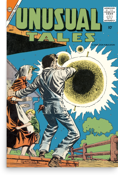 The cover of the 1958 comic book "Unusual Tales #12" featuring a farmer shielding his family from strange glowing orbs in the sky.