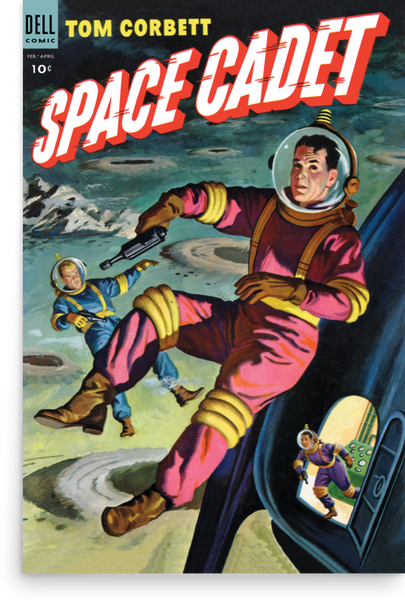 The cover of the 1954 comic book "Space Cadet #9" featuring a man in a space suite floating in space with a water-filled planet in the background