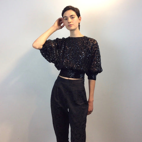 1980s Batwing Sleeve Lace and Sequin Black Top SM