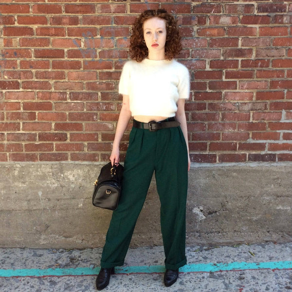1980s High-Waist Tapered Leg Army Green Wool Pleated Pants M