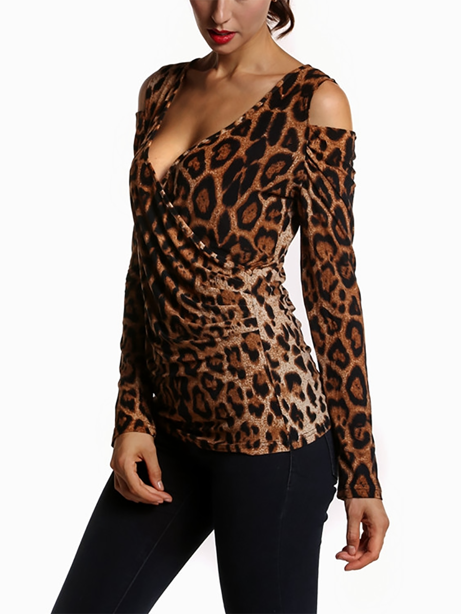 V-Neck Cutout Bust Darts Leopard Shirts&Blouses – clotheslens