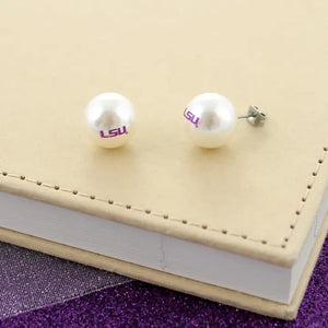 "It's GameDay" LSU Logo Pearl Stud Earrings - Blue Line Boutique 