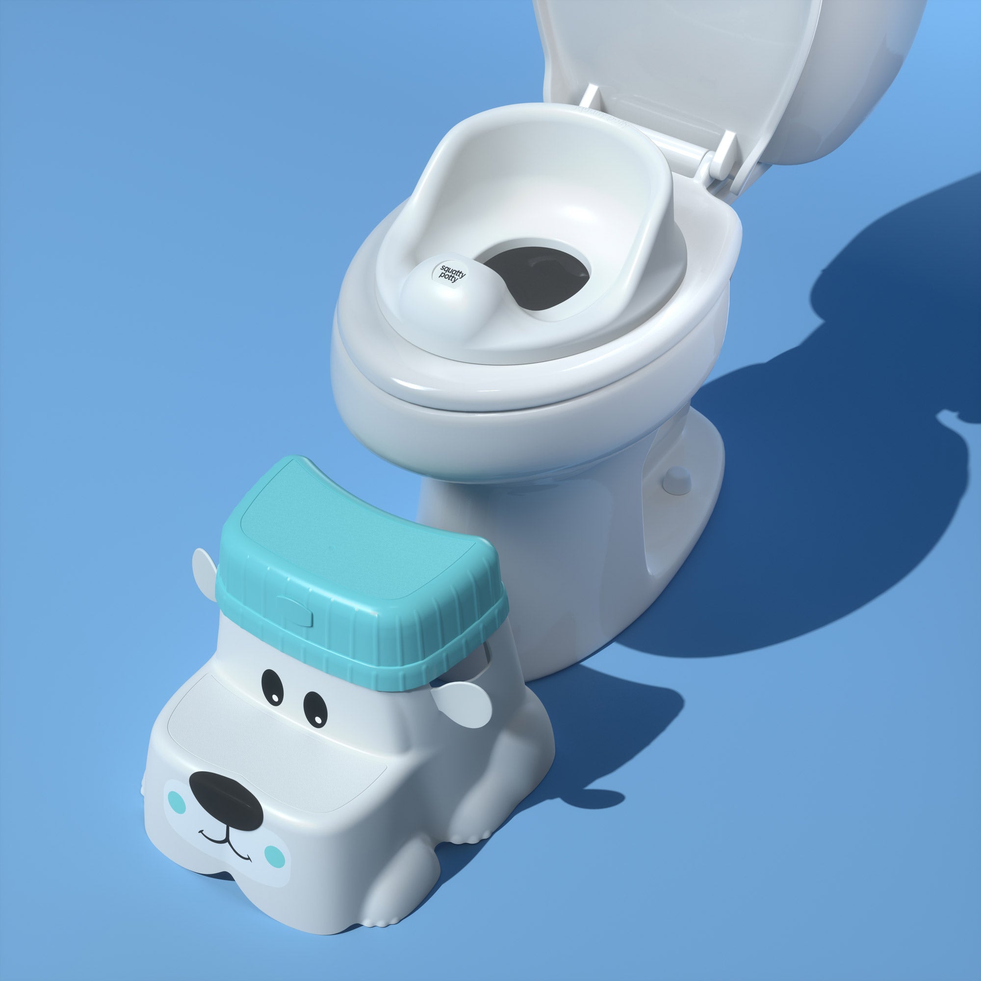 Potty Pet's Bear in front of toilet