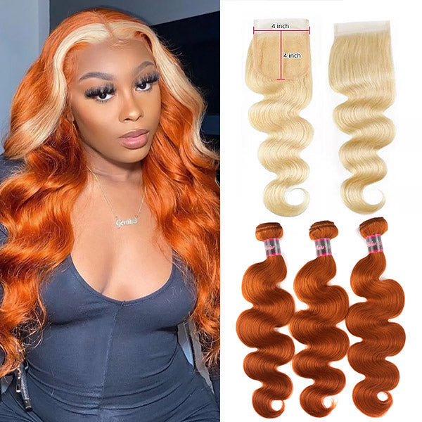 Ginger Blonde Hair Bundles with Closure Body Wave Bundles with 4x4 Lac -  Hairsmarket