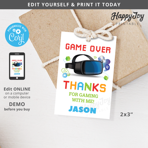 Gamer Birthday Party Favor Tag Digital Template Online Gaming 