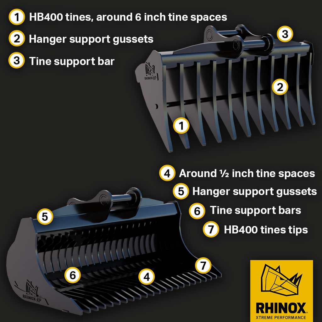 Key features of Rhinox 12-25 ton excavator land rakes and rake buckets