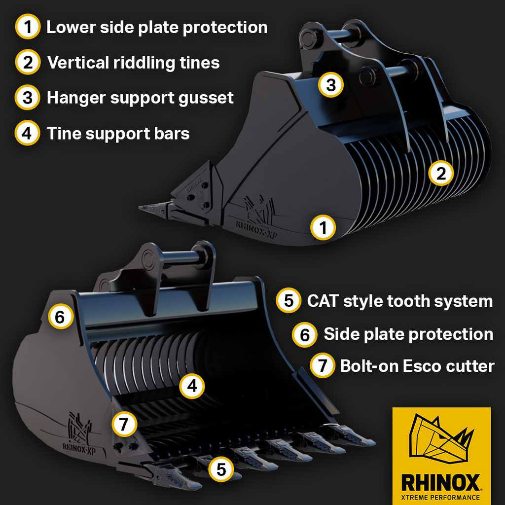 Key features of Rhinox 12-25 ton excavator skeleton buckets