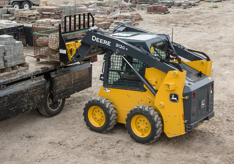 John Deere Skid Steer with Pallet Forks Attachment