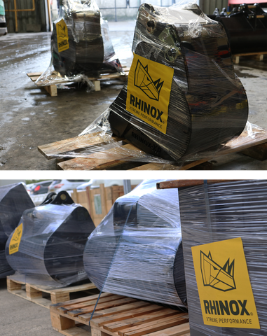 Rhinox digging buckets strapped to pallets and wrapped, ready for dispatch