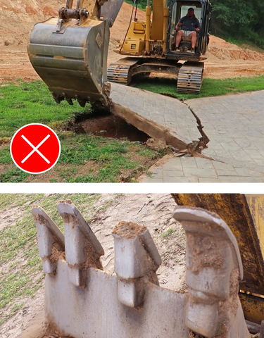 Top: Excavator digging bucket lifting concrete patio. Bottom: Bucket with broken and bent teeth