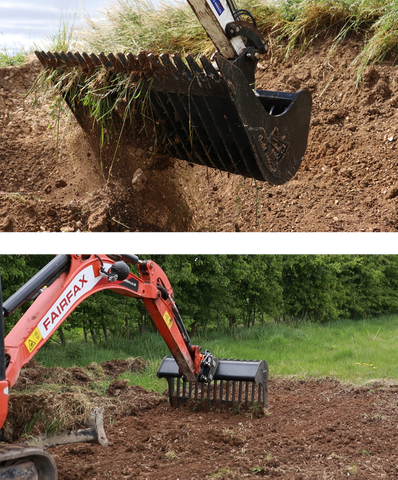 Top: Rhinox rake riddle bucket riddling grass from soil. Bottom: Rhinox rake riddle bucket raking over the ground for debris