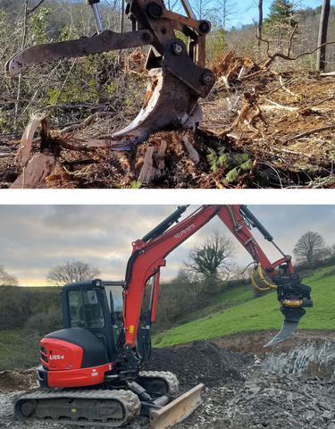Top: Ransome Attachments ripper tooth and thumb removing a tree stump. Bottom: Rhinox ripper tooth attached toa Kubota excavator