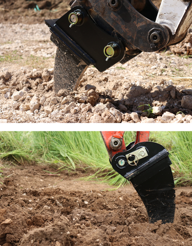 Top: Ripper digging through aggregate. Bottom: Ripper digging through compact dirt