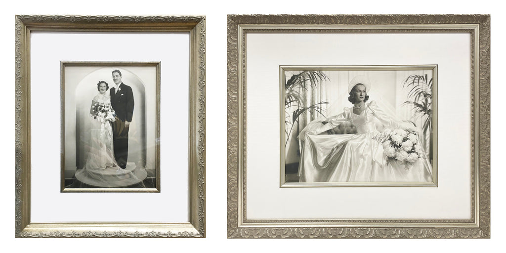 Ornate champagne frames and matching fillets to dramatize both of these monochromatic vintage wedding photos.