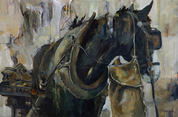 "Enroute" - a reproduction of an acrylic painting of a war horse by Leah Kucharek.