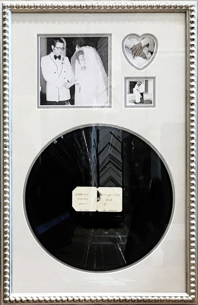 Collage of a vintage wedding with photographs of the bride and groom and a record album from their wedding day.