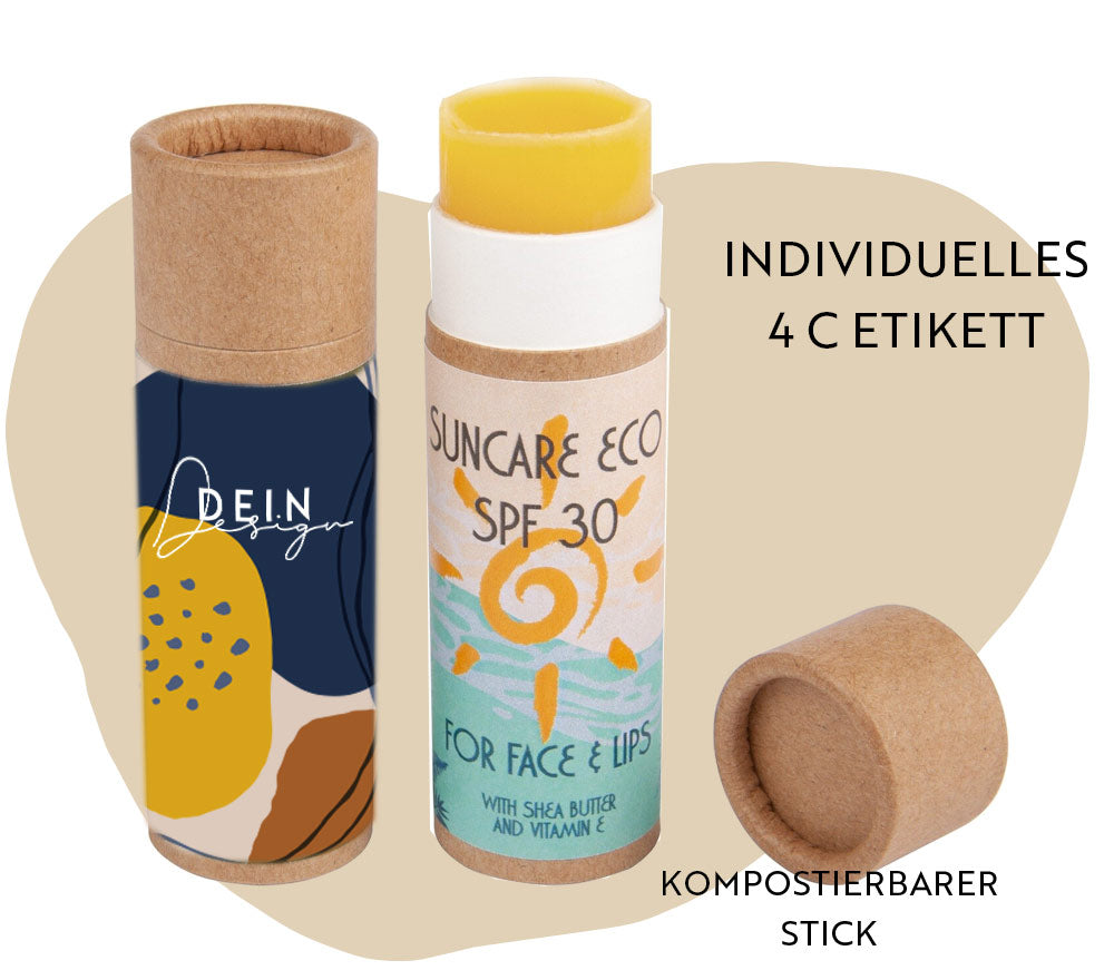 Nachhaltige Sonnencreme Sticks mit eigenem Etikett Logodruck