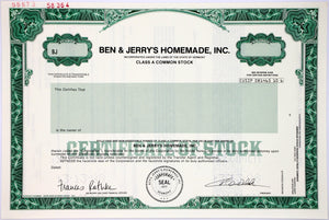 Ben & Jerry's Homeade, Inc. Specimen Stock Certificate - 1998 - Wall Street Treasures