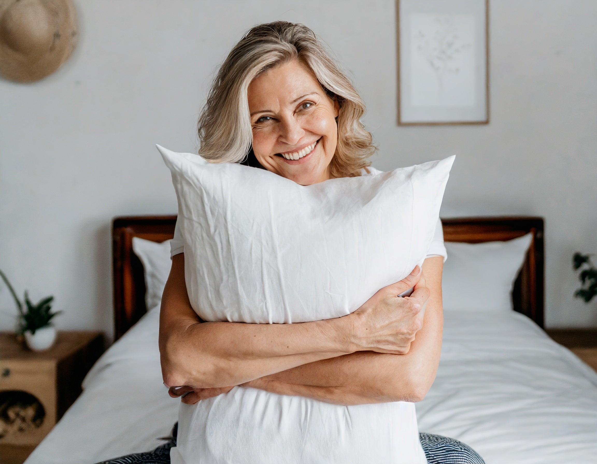 Firefly middle age women hugging a white pillow which they find comfortable in a Scandinavian style .jpg__PID:5b892ff3-d6aa-4c85-afb8-290d107b660d