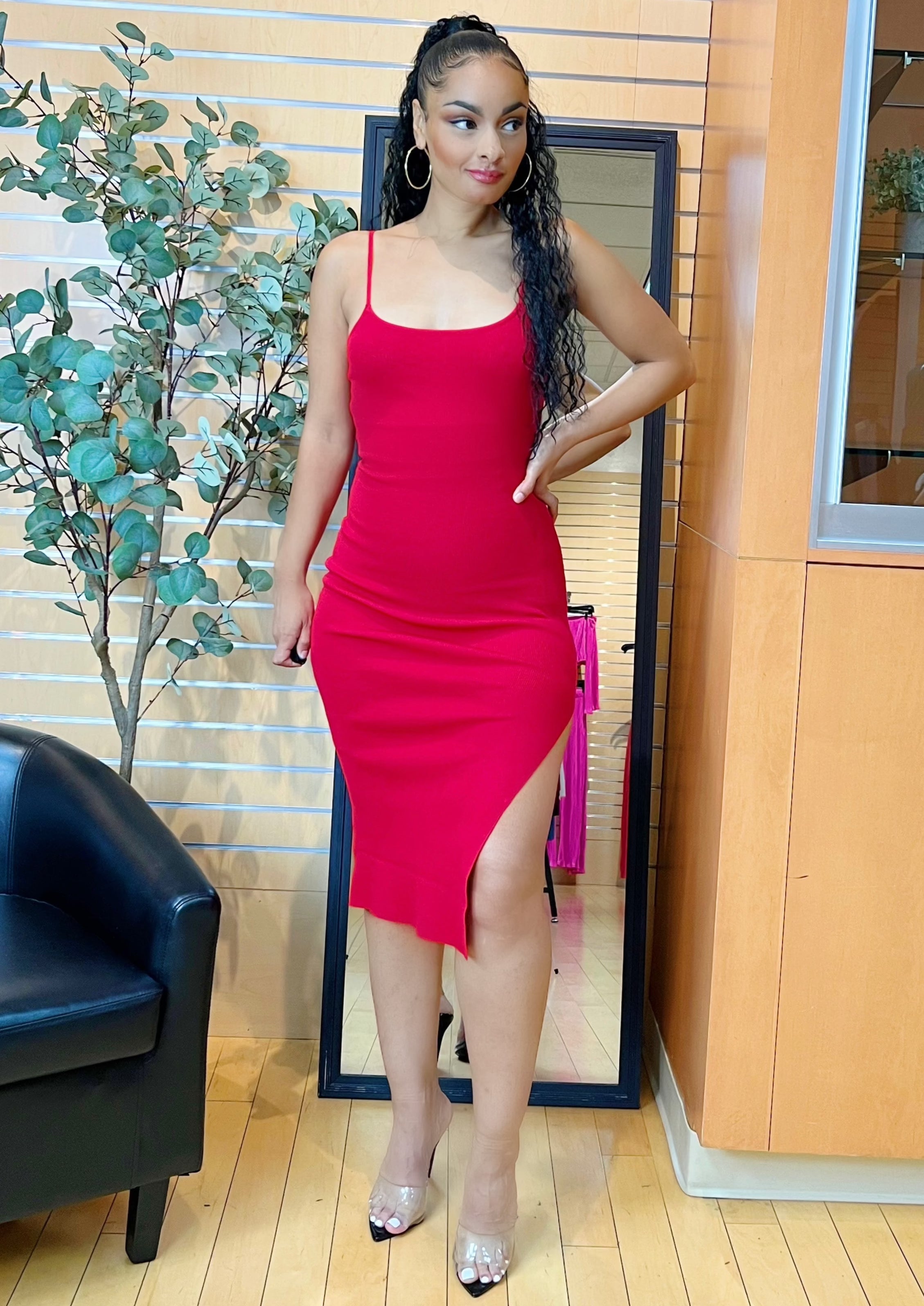 Jessica Side Slit Midi Dress (Red)