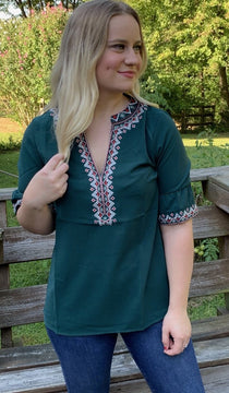 Green Boho V Neck Top