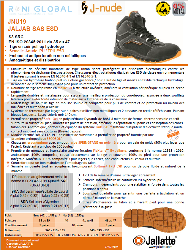 Chaussure montante de sécurité antidérapant et antistatique en cuir/textile sans métal avec embout de sécurité S3 SRC ESD - JALJAB JALLATTE