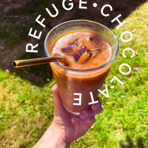 Refuge Chocolate iced hot chocolate on a sunny day