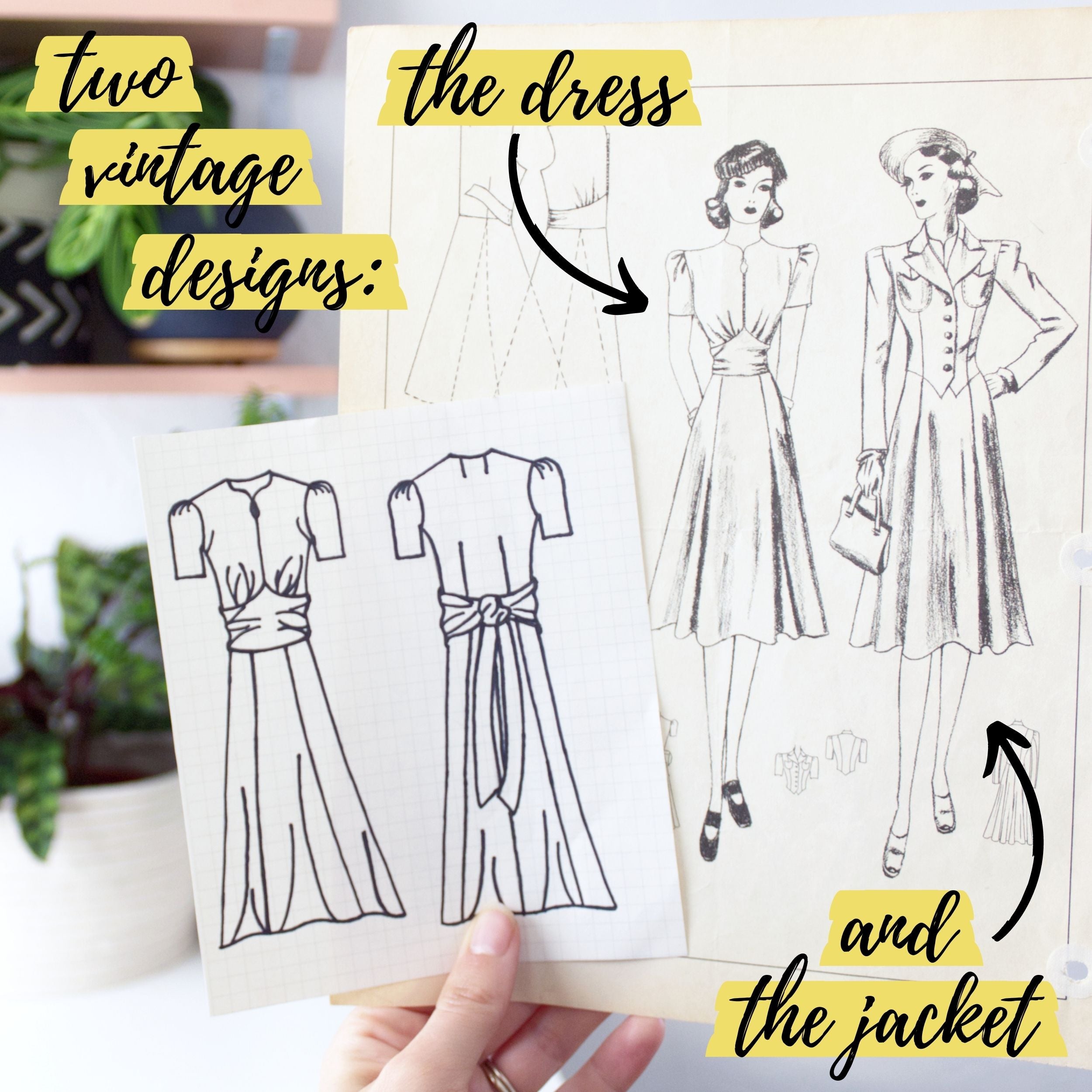 Two vintage sewing pattern designs: The dress & matching jacket