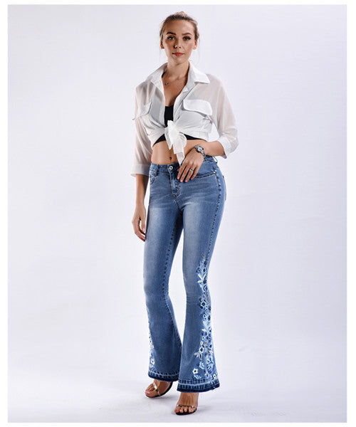 Womens Chic Floral Embroidered High-Rise Bell Bottom Flare Jeans Broad Feet  Long Denim Pants