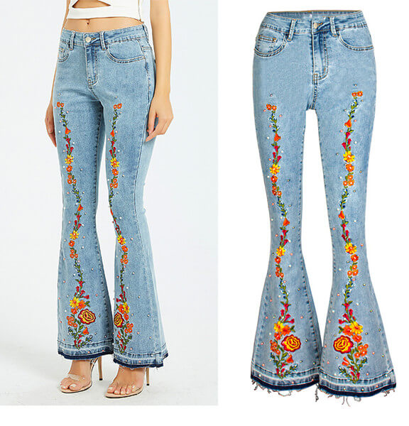 Women's Chic Floral Embroidered High-Rise Bell Bottom Flare Jeans