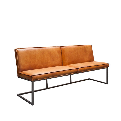 Bench with external seams Cognac color steel leather