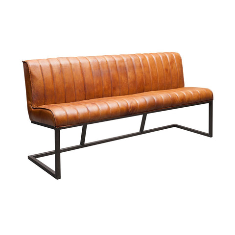 Bench with stitching on the seat and backrest Cognac color / Bench buffalo leather industrial design | Model IVY HOME24