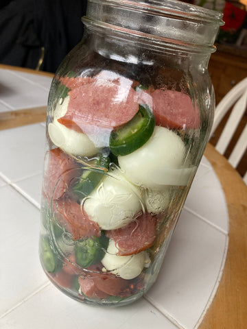 pickled hot eggs with kilbasa