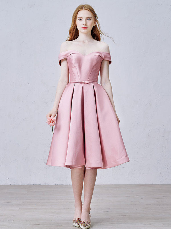 pink satin off the shoulder dress