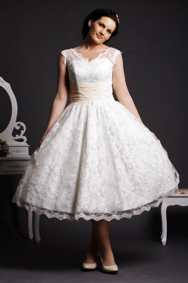 Retro 50s Tea Length Lace Wedding Dress With Cap Sleeves Jojo Shop 4458