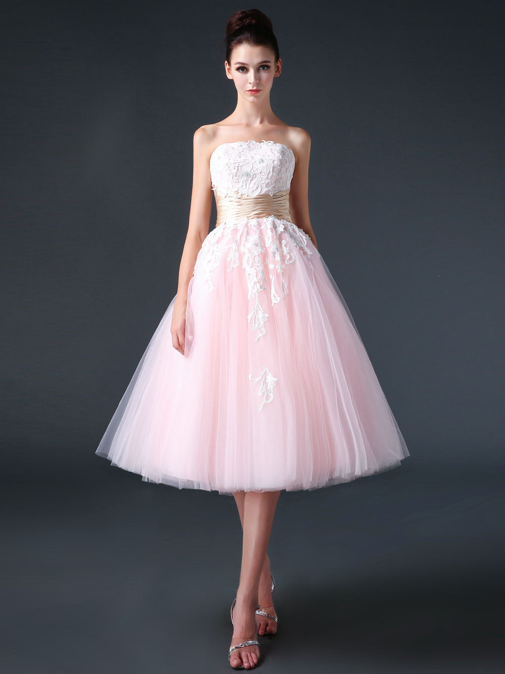 Retro 50s Strapless Pink Tea Length Prom Dress Evening Dress | CC3006 ...