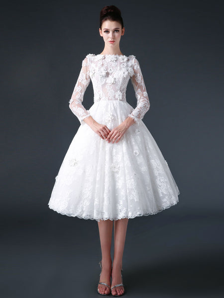 Modest Knee Length Lace Wedding Dress with Flowers – JoJo Shop