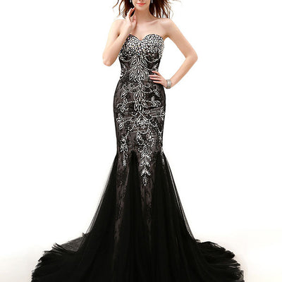 Strapless Black Jeweled Lace Formal Evening Dress – JoJo Shop