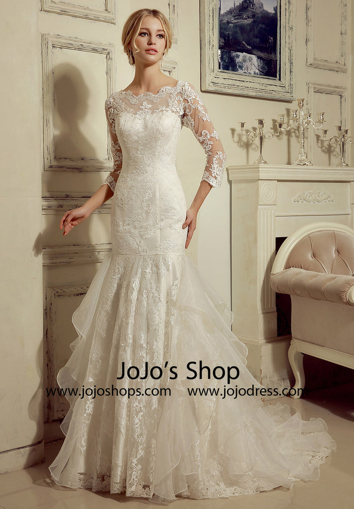 fit and flare wedding dress with lace sleeves
