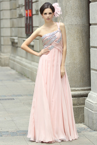 Pink Grecian Goddess One Shoulder Prom Formal Evening Dress – JoJo Shop