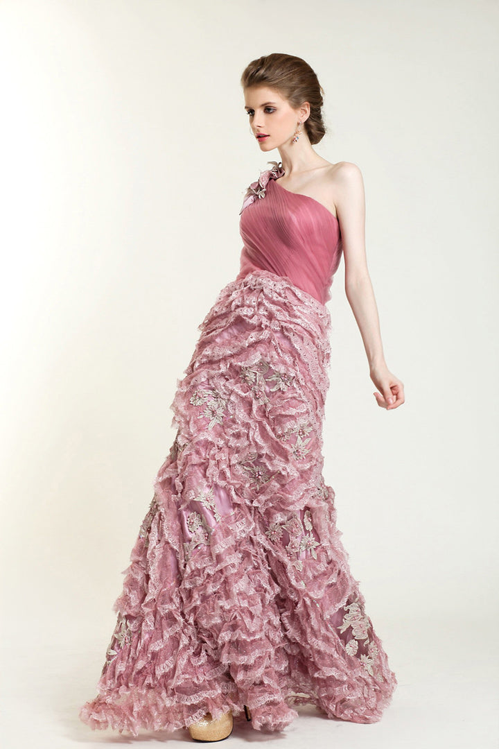 Pink One Shoulder Formal Prom Evening Dress with Ruffles – JoJo Shop