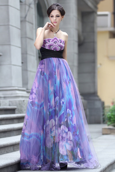 Strapless Purple Multicolor Floral Formal Prom Evening Dress – JoJo Shop