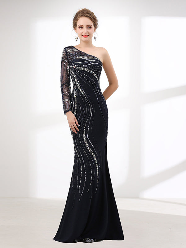 black gown one shoulder