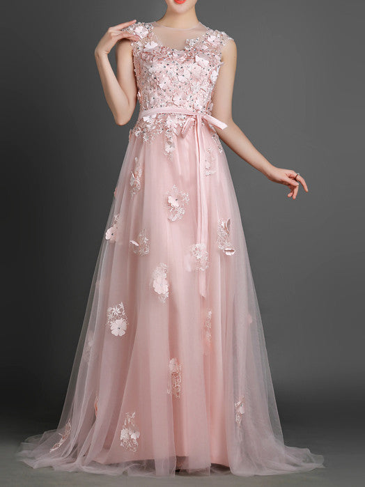 Blush Pink Floral Long Formal Prom 