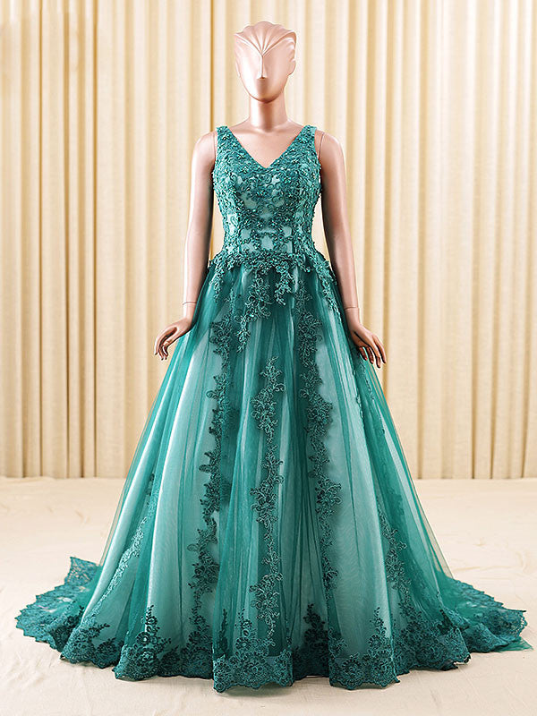 green lace evening gown